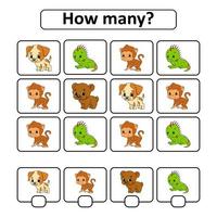 Counting game for children of preschool age. Learning mathematics. How many animals in the picture. With space for answers. Simple flat isolated vector illustration in cute cartoon style.