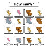Counting game for children of preschool age. Learning mathematics. How many animals in the picture. With space for answers. Simple flat isolated vector illustration in cute cartoon style.