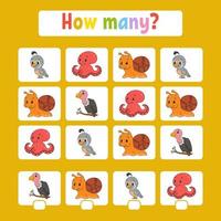 Counting game for children of preschool age. Learning mathematics. How many animals in the picture. With space for answers. Simple flat isolated vector illustration in cute cartoon style.