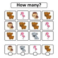 Counting game for children of preschool age. Learning mathematics. How many animals in the picture. With space for answers. Simple flat isolated vector illustration in cute cartoon style.