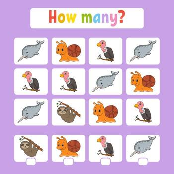 Counting game for children of preschool age. Learning mathematics. How many animals in the picture. With space for answers. Simple flat isolated vector illustration in cute cartoon style.