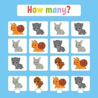 Counting game for children of preschool age. Learning mathematics. How many animals in the picture. With space for answers. Simple flat isolated vector illustration in cute cartoon style.