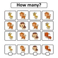 Counting game for children of preschool age. Learning mathematics. How many animals in the picture. With space for answers. Simple flat isolated vector illustration in cute cartoon style.
