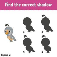 Find the correct shadow. Draw a line. Education developing worksheet. Game for kids. Activity page. Puzzle for children. Riddle for preschool. Isolated vector illustration. Cartoon style.