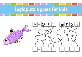 Logic puzzle game. Learning words for kids. Find the hidden name. Education developing worksheet. Activity page for study English. Game for children. Isolated vector illustration. Cartoon style.