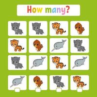 Counting game for children of preschool age. Learning mathematics. How many animals in the picture. With space for answers. Simple flat isolated vector illustration in cute cartoon style.