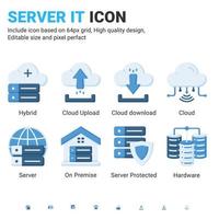 Server IT and technology icon set. Editable size. With flat color style on isolated white background. Server IT icon set contains such icons as cloud, hybrid, server, hardware, on premise and other vector