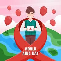 día mundial del sida con personaje y lazo rojo. vector