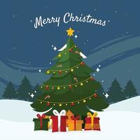 Christmas Tree and Gift Box on Winter Night vector