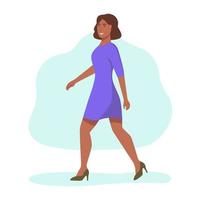 una joven afroamericana con un vestido camina por la calle i vector
