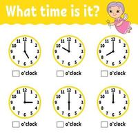 Learning time on the clock. Educational activity worksheet for kids and toddlers. Game for children. Simple flat isolated vector illustration in cute cartoon style.