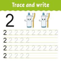 Trace and write. Handwriting practice. Learning numbers for kids. Education developing worksheet. Activity page. Game for toddlers and preschoolers. Isolated vector illustration in cute cartoon style.