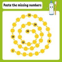 Paste the missing numbers. Handwriting practice. Learning numbers for kids. Education developing worksheet. Activity page. Game for children. Isolated vector illustration in cute cartoon style.