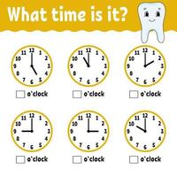 Learning time on the clock. Educational activity worksheet for kids and toddlers. Game for children. Simple flat isolated vector illustration in cute cartoon style.