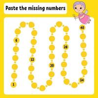 Paste the missing numbers. Handwriting practice. Learning numbers for kids. Education developing worksheet. Activity page. Game for children. Isolated vector illustration in cute cartoon style.