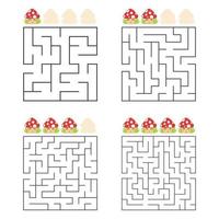 A set of square mazes. Four levels of difficulty. Cute mushrooms. Game for kids. One entrances, one exit. Labyrinth conundrum. Flat vector illustration isolated on white background.