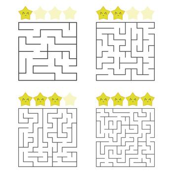 un conjunto de laberintos cuadrados. cuatro niveles de dificultad. lindas estrellas. juego para niños. rompecabezas para niños. una entrada, una salida. enigma del laberinto. Ilustración de vector plano aislado sobre fondo blanco.