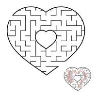 Abstract heart shaped labyrinth. Game for kids and adults. Puzzle for children. Labyrinth conundrum. Flat vector illustration isolated on white background. Love search concept. With answer.