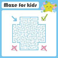 Square color maze. Kids worksheets. Activity page. Game puzzle. Find the right path from the blue arrow to the green check mark. Cute cartoon star. Vector illustration. With place for your image.