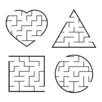 A set of easy mazes. Circle, square, triangle, heart. Game for kids. Puzzle for children. One entrances, one exit. Labyrinth conundrum. Flat vector illustration isolated on white background.