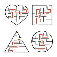 A set of mazes. Circle, square, triangle, heart. Game for kids. Puzzle for children. One entrances, one exit. Labyrinth conundrum. Flat vector illustration isolated on white background. With answer.