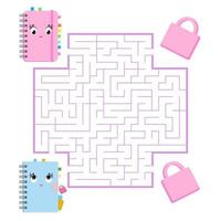 Color square maze. Game for kids. Puzzle for children. Help the cute notebooks to meet. Labyrinth conundrum. Flat vector illustration. Cartoon style.