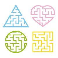 A set of colored light mazes. Circle, square, triangle, heart. Game for kids. Puzzle for children. One entrances, one exit. Labyrinth conundrum. Flat vector illustration isolated on white background.