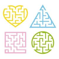 A set of colored light mazes. Circle, square, triangle, heart. Game for kids. Puzzle for children. One entrances, one exit. Labyrinth conundrum. Flat vector illustration isolated on white background.