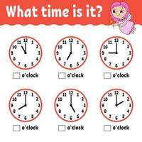 Learning time on the clock. Educational activity worksheet for kids and toddlers. Game for children. Simple flat isolated vector illustration in cute cartoon style.