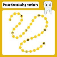 Paste the missing numbers. Handwriting practice. Learning numbers for kids. Education developing worksheet. Activity page. Game for children. Isolated vector illustration in cute cartoon style.