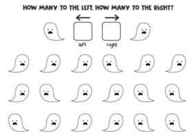 Left or right with cute black white Halloween ghost. Logical worksheet for preschoolers. vector