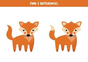 Find three differences between two pictures of cute fox. vector