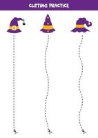 Cutting practice for children with Halloween wizard hats. vector