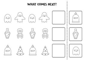 What comes next game with black and white Halloween elements. Educational logical game for kids. vector