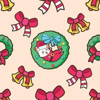 Seamless Santa Claus cat and wreath in Christmas pattern vector