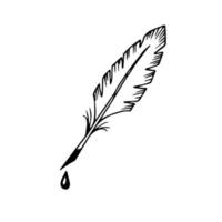 Antique writing pen with a drop of ink on the tip. Bird feather. Hand drawn doodle sketch black outline. vector