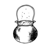 Witchs cauldron with witchcraft potion. The magic elixir is brewed. Hand drawn halloween sketch black outline tattoo engraving. vector