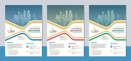 3 color variation flyer template, brochure cover modern layout, annual report, poster, pamphlet template design, letter and a4 size. vector