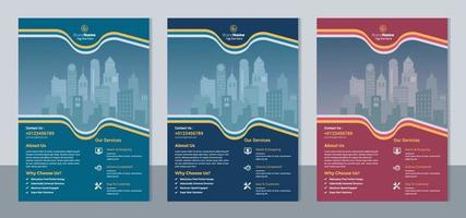 Set of 3 color variation flyer, brochure cover modern layout, annual report, poster, pamphlet template design, letter and a4 size. vector