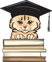 Siberian cat student art. Cat with books for education vector