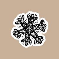 etiqueta engomada del vector negro de Navidad con copo de nieve lindo. personaje de insignia escandinavo dibujado a mano para cuaderno, álbum de recortes o planificador. Ilustración aislada gráfica plana