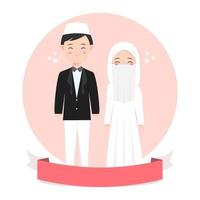 Muslim wedding couple in black suits and hijabs with ribbon labels. cute muslim bride and groom character vector illustration