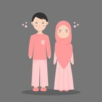 cute muslim couple in pink dress for wedding or engagement invitation. vector illustration