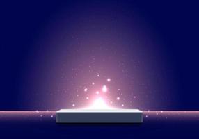 3D realistic pedestal podium with light burst illumination partlcles on dark blue background vector