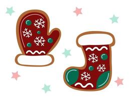 Christmas gingerbreads. Ginger cookie mitten and sock isolated. Traditional baked homemade biscuit. Vector illustration.