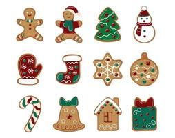 Set of Christmas gingerbread. Ginger man, tree and other New year cookies. Traditional Christmas bakery. Isolated elements for design. Vector collection