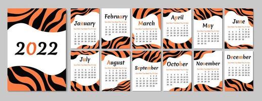 2022 Calendar. Tiger abstract design. Animal theme. Week starts on Sunday. Vertical A4 format. Vector calendar 2022