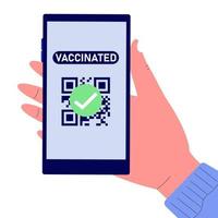 Hand holding phone with QR code vaccinated vector