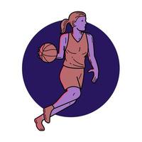 mujer, jugador de baloncesto, regate, mono, arte lineal vector