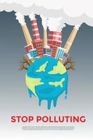 ilustración vectorial banner cartel medio ambiente ciudad con aire altamente contaminado por una chimenea de fábrica y tierra derretida. calentamiento global, cambio climático, deja de contaminar vector